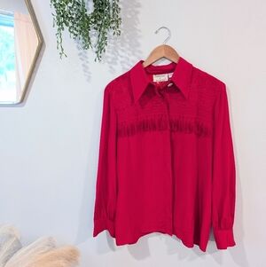 Francesca's Collections Silk Red Button-Down Fringe Shirt  Size 14
